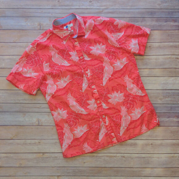 Boden Men's Short Sleeve Collared Shirt - L Peach Melba Parakeet Palm Red - Picture 1 of 4